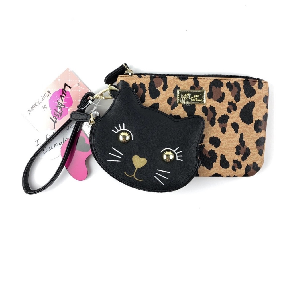 Betsey Johnson Leopard Print Wristlet + Black Cat Coin Purse Set NWT